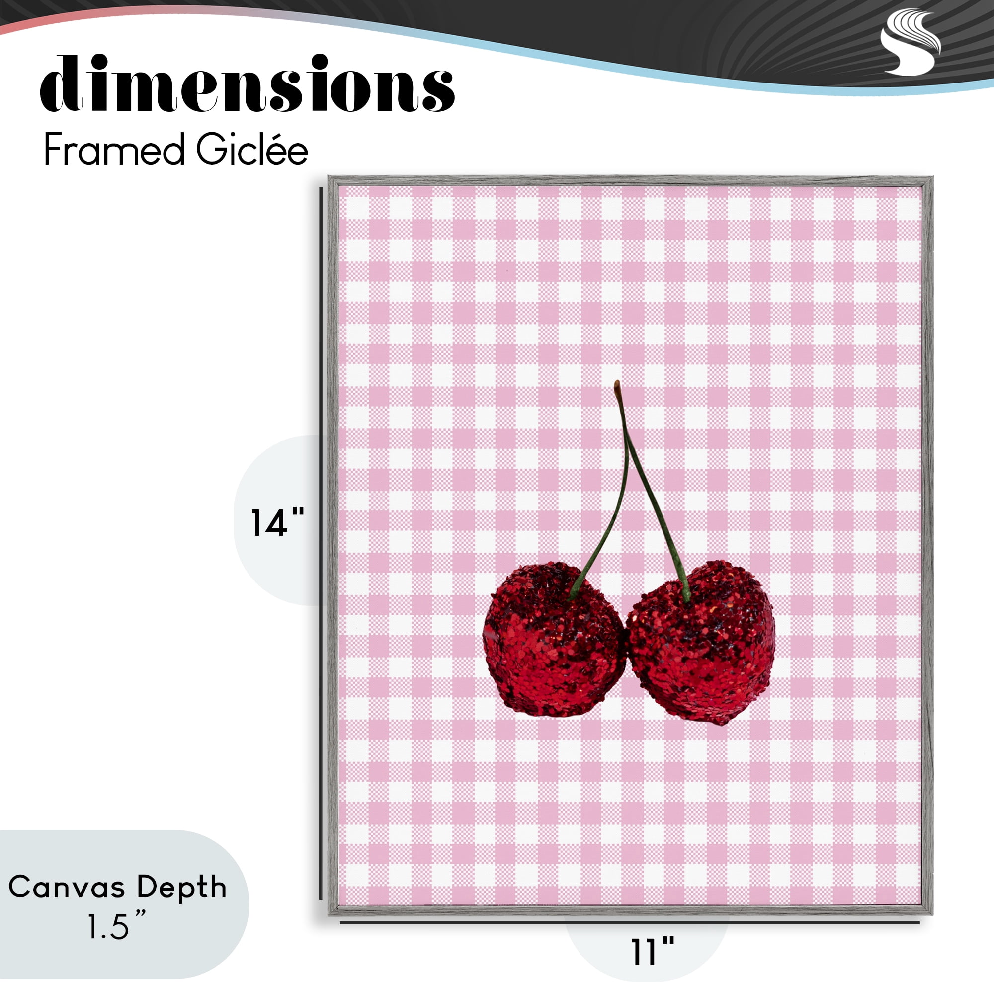 Stupell Industries Glitter Cherry on Pink Gingham Gray Framed Giclee Art, design by LISH Creative