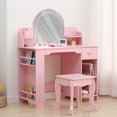 thumbnail image 1 of Kids Vanity & Stool Set with Bookshelf, Lighted Drawer & Open Shelves, Wooden Pretend Play Makeup Dressing Table for Little Girls, 1 of 7