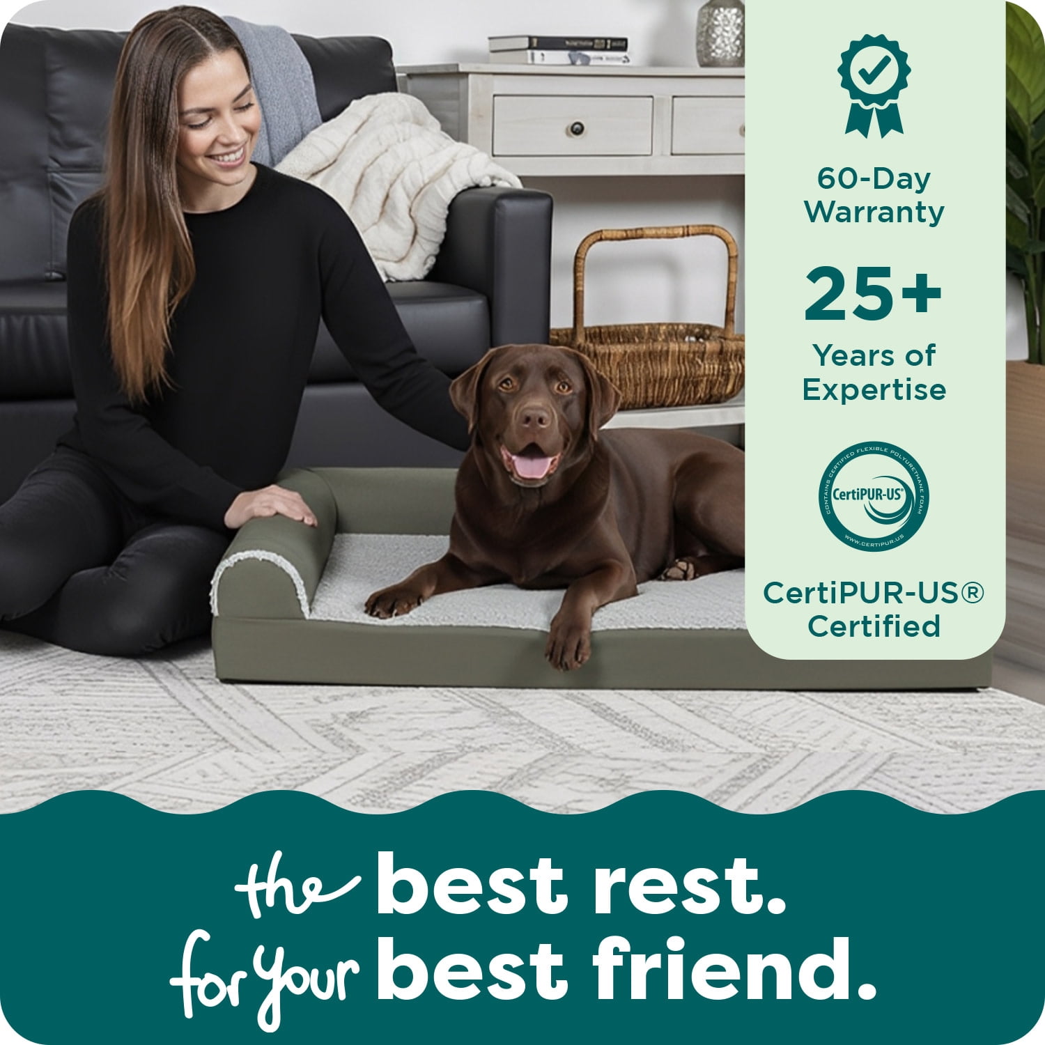 Furhaven Cooling Gel Dog Bed for Large Dogs w/ Removable Bolsters & Washable Cover, For Dogs Up to 95 lbs - Two-Tone Plush Faux Fur & Suede L Shaped Chaise - Dark Sage, Jumbo/XL