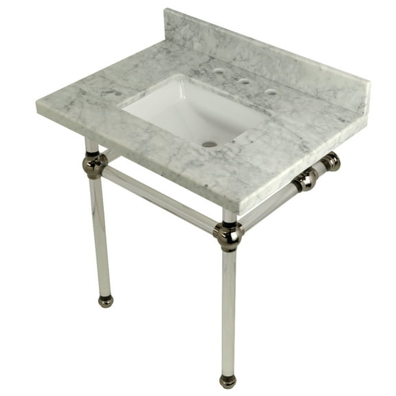 Kingston Brass KVPB3030MASQ6 Templeton 30" Carrara Marble Vanity Top with Acrylic Legs (8-Inch, 3-Hole), Carrara Marble White/Polished Nickel
