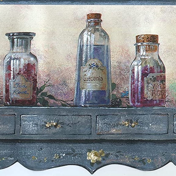 Concord Wallcoverings Wallpaper Border Kitchen Pattern Bottles Flowers on Wooden Shell for Kitchen Dining Area Cottage, Grey Blue Yellow Green Red Brown, 8 Inches by 15 Feet HM79353N