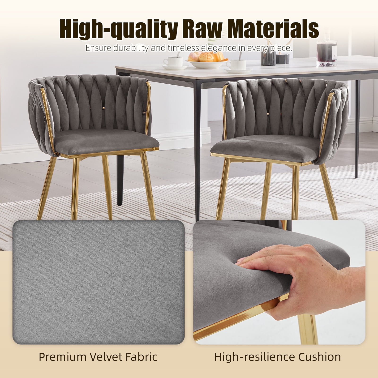MOONMISS Velvet Upholstered Tufted Wood Frame Side Dining Chair with Golden Legs（set of 2）-Gray