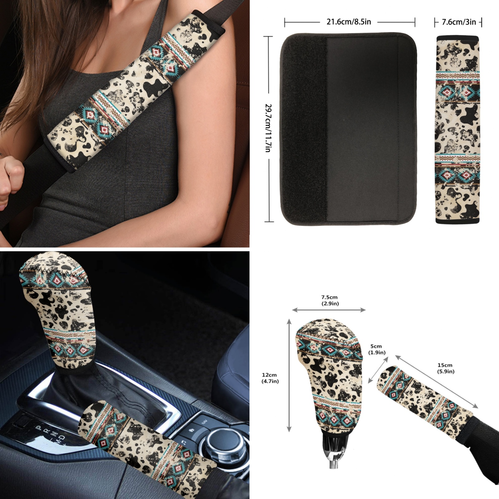Renewold American Tribal Cow Print Retro Car Seat Covers Set for Men Women Comfy Soft Seat Protector with Steering Wheel Cover and Seat Belt Pad Armrest Pad Handbrake Cover Gear Shift Covers