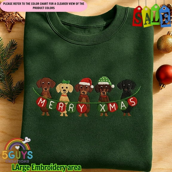 Embroidered Dachshund Christmas Sweatshirt: Sausage Dog Holiday Crewneck