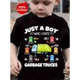 thumbnail image 1 of Kids' Cotton Casual T-Shirt with "Just a Boy Who Loves Garbage Trucks" Letter Print, Round Neck, Short Sleeve, Knitted Fabric, Stretch Fit, Summer Top for Boys and Girls, 1 of 7