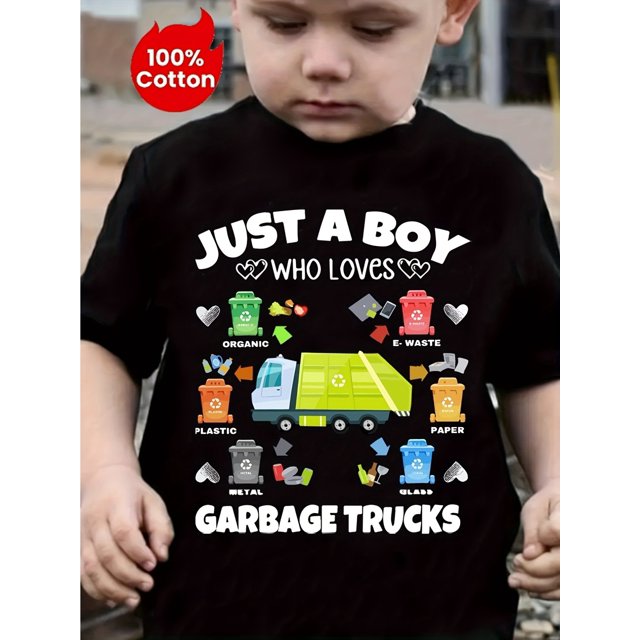Kids' Cotton Casual T-Shirt with "Just a Boy Who Loves Garbage Trucks" Letter Print, Round Neck, Short Sleeve, Knitted Fabric, Stretch Fit, Summer Top for Boys and Girls