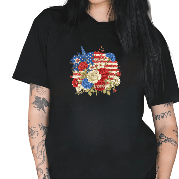 Cozymy Women's 4th of July Floral American Flag Graphic Short Sleeve Crewneck Casual Loose Fit Cotton T-Shirt S-5XL
