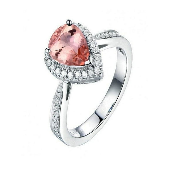 Pear Shape Halo 1.25 Carat Morganite and Diamond Engagement Ring for Women in 14k White Gold