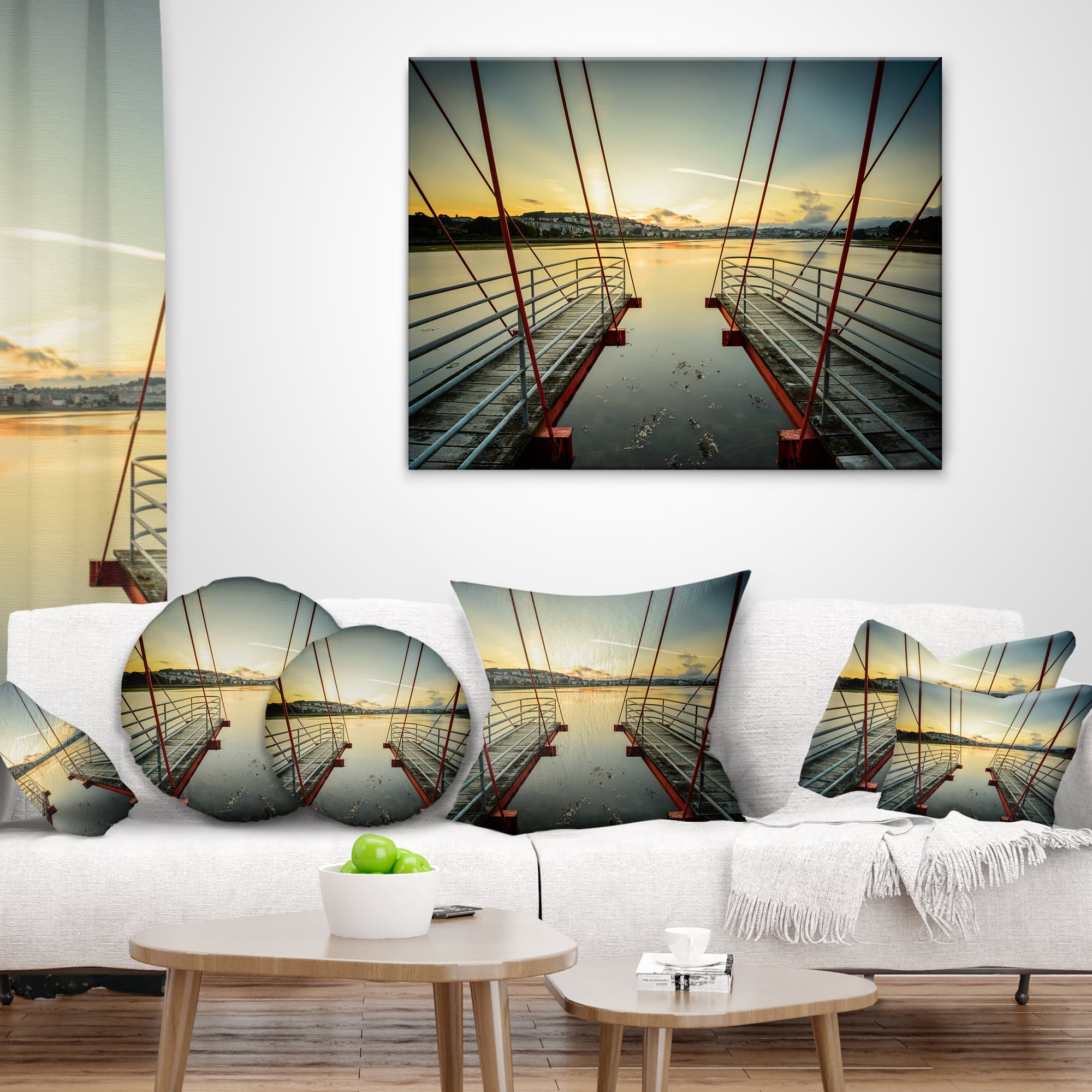 Designart Wooden Piers for Boats in Spain - Seashore Photo Throw Pillow - 18x18