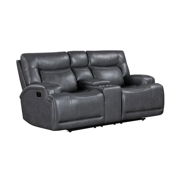 New Classic Furniture Titan Faux Leather Console Loveseat with Dual Recliners, Gray