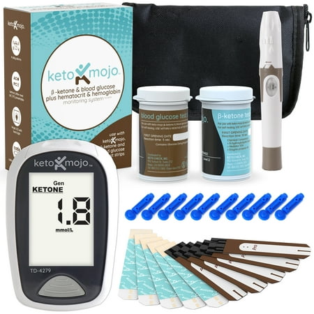 Keto-Mojo Blood Ketone and Glucose Testing Kit, Monitor Your Ketogenic Diet, 1 Meter, 1 Lancing Device, 10 Lancets, 10 Ketone Test Strips, 10 Glucose Test Strips, Carrying
