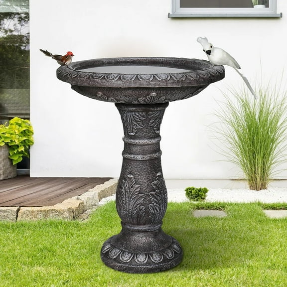 24.4 Inch Height Outdoor Bird Bath - Fibre Reinforced Concrete Large Bird Bath Stylish with Modern Pedestal for Garden, Patio, Lawn, Backyard