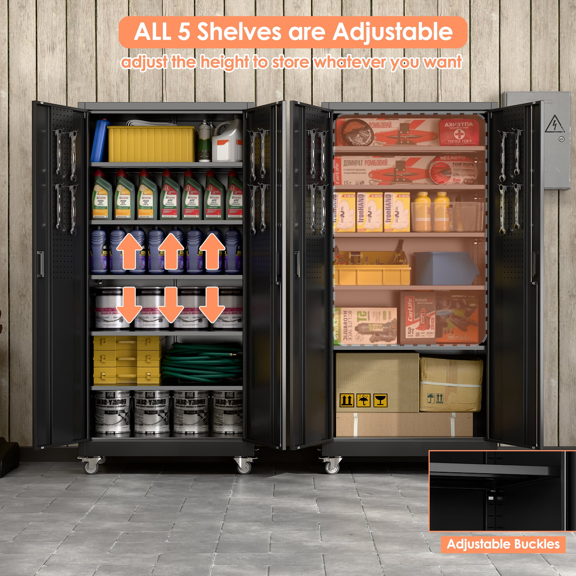 Aobabo Upgraded Wide & Deep Garage Storage Cabinets with Wheels & Pegboard,Lockable Metal Storage Cabinets 2 Doors&5 Shelves for Garage Home Office School,Assembly Required, Black