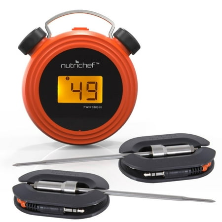 NutriChef PWIRBBQ60 - Smart Bluetooth BBQ Grill Thermometer - Digital Display, Stainless Dual Probes Safe to Leave in Outdoor Barbecue Meat Smoker - Wireless Remote Alert iOS Android Phone WiFi (Best Leave In Meat Thermometer)