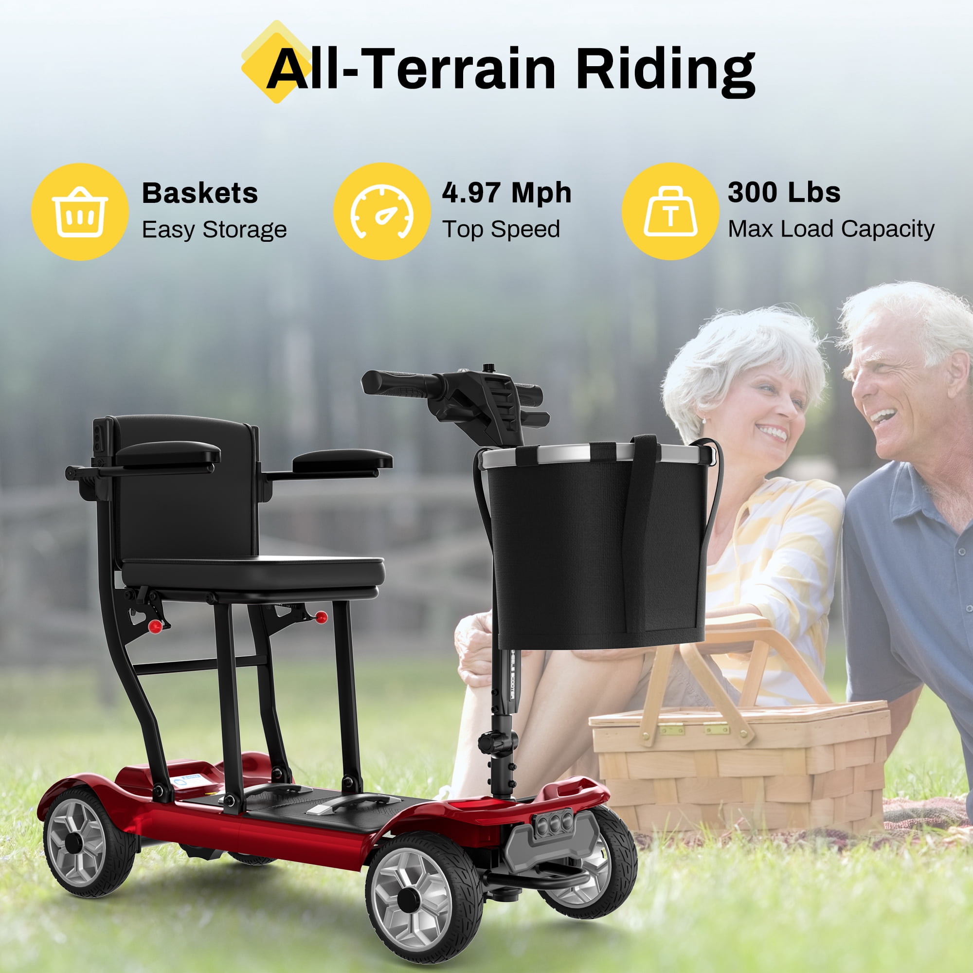COOLHUT Ultra Lightweight 4 Wheel Mobility Scooter for Seniors (only 50lbs), 25+ Miles Travel Dual Battery Mobility Scooters, Aluminum Electric Folding Wheelchair Device, Red