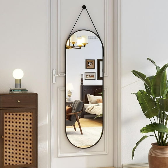 16''x48'' Full Length Mirror, Modern Oval Door Mirror with Hanging Leather Cord, Wall Mounted Mirror for Bathroom, Living Room, Bedroom