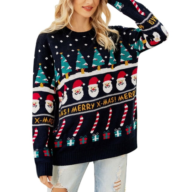 Pull de Noël pour Dames Col Rond Cardigan Mode Mi-Long Manteau Mignon Imprimé Graphique Tricoté Doux Sweat-Shirt Moelleux Chaud