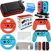 Accessories Kit for Nintendo Switch Games Starter Wheel Grip Caps Carrying Case Screen Protector Controller Charger (17