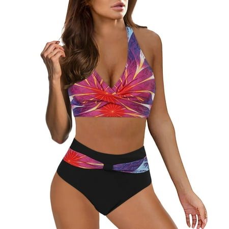 Aayomet Women Two Piece Vintage Swimsuit Retro Halter Ruched High Waist Bikini with Bottom (Watermelon Red  S)