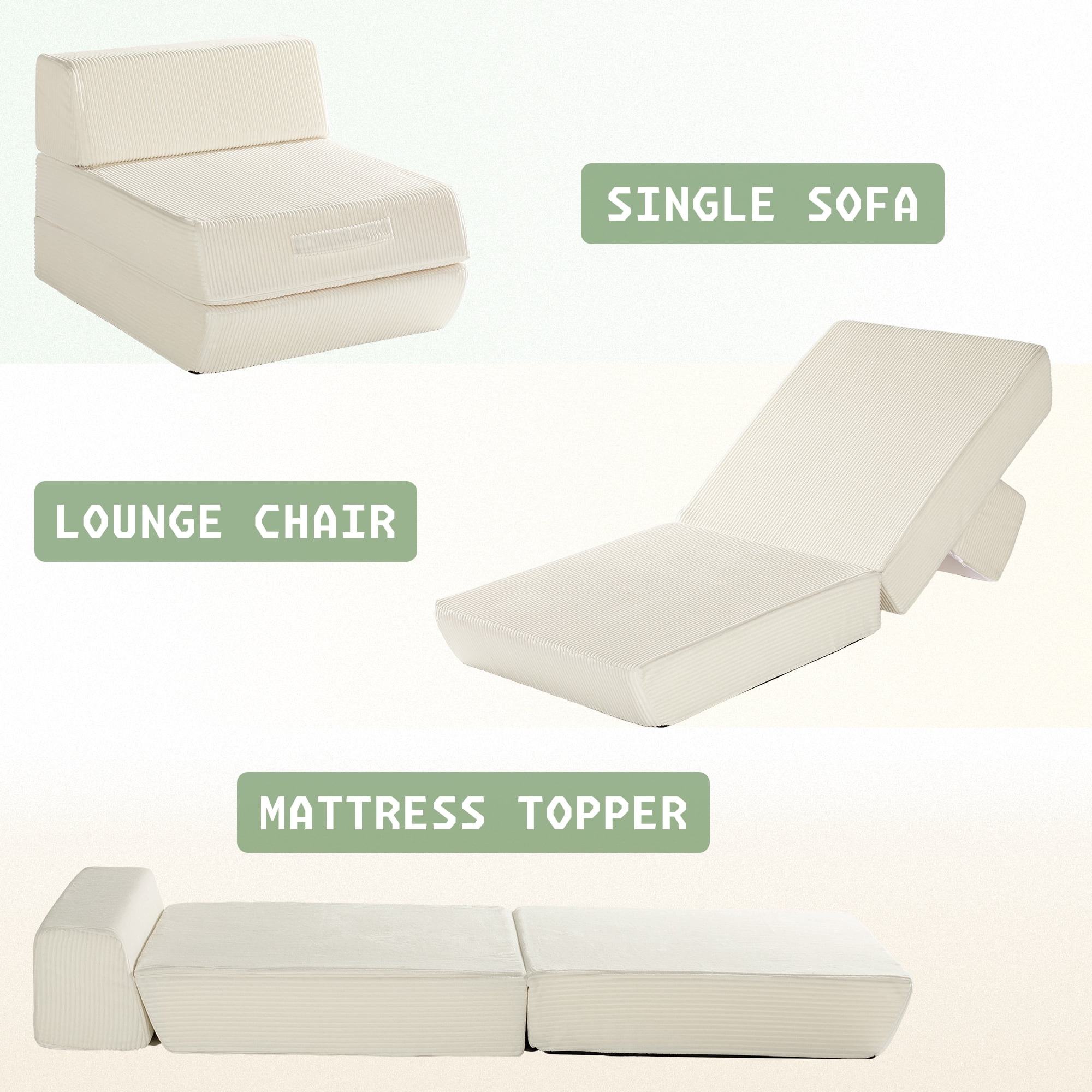 Alvantor Folding Sofa Bed, Convertible Sleeper Chair with Removable Back Pillow and Carry Handles, Portable Fold Out Floor Sofa for Living Room, Bedroom, Dorm, Single, Beige