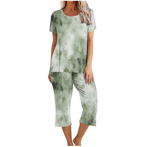 Pijamas de Verano para Mujeres, Suelto Impreso Manga Corta Superior Y Pantalones Recortados, Cuello Redondo Casual