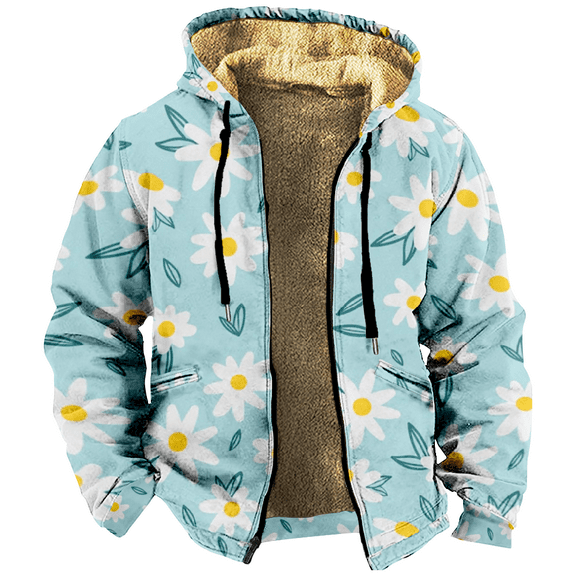 Flowers Printed Zipper Hoodie Men's Long Sleeve Jacket Fashion Streetwear Thickened Winter Coat