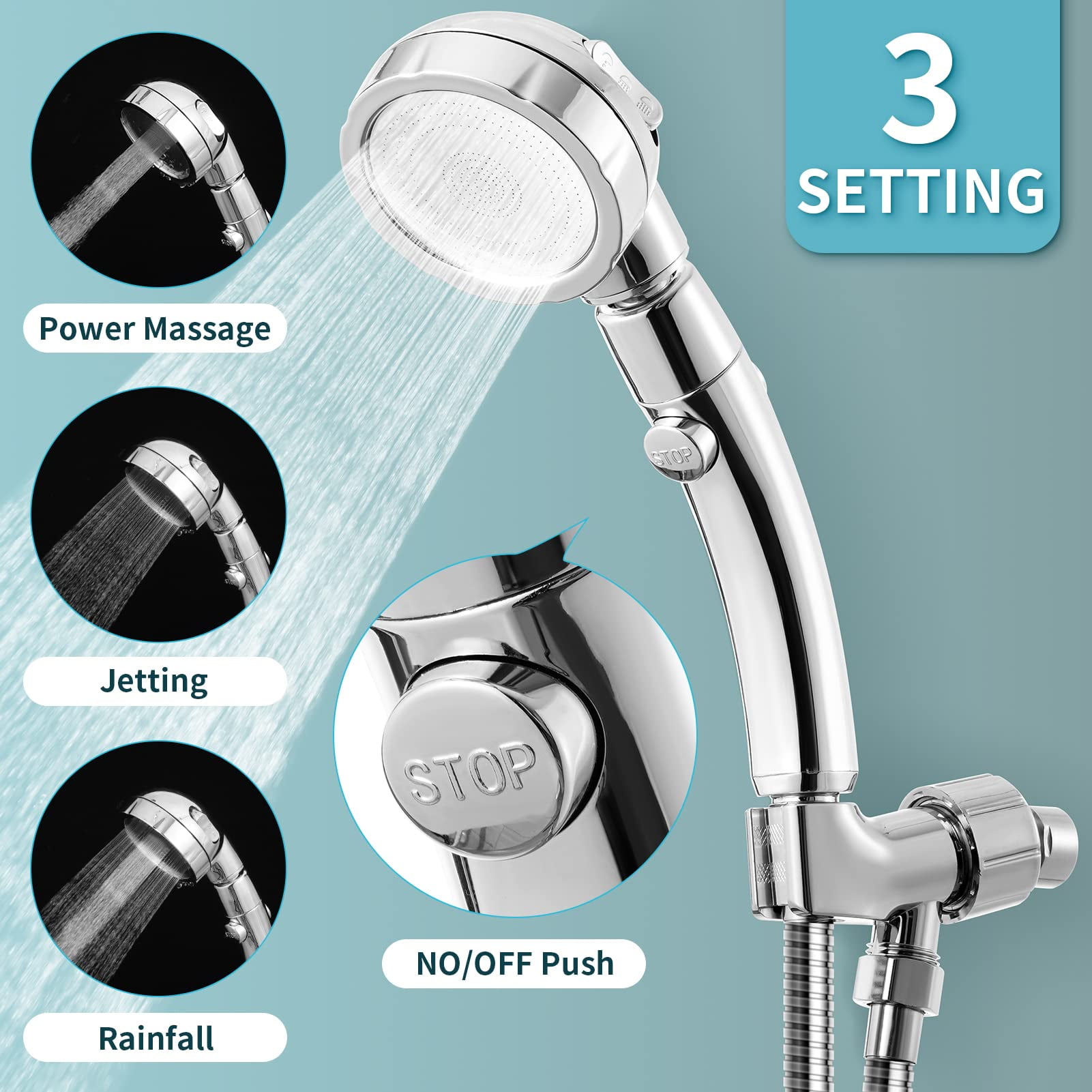 High Pressure Shower Head, 3-Settings Handheld Showerhead with ON/Off Full Shutoff Push Button and Switch to Control Flow, Angle-Adjustable Water Saving Body Sprays