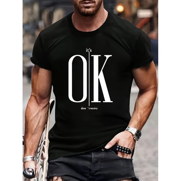 Men's Geometric Print Casual T-Shirt - Breathable Summer Round Neck Tee with Bold 'OK' Letter Design, Regular Fit for Gym, Office & Casual Attire, Elegant Craftsmanship, Casual Sporty Tee
