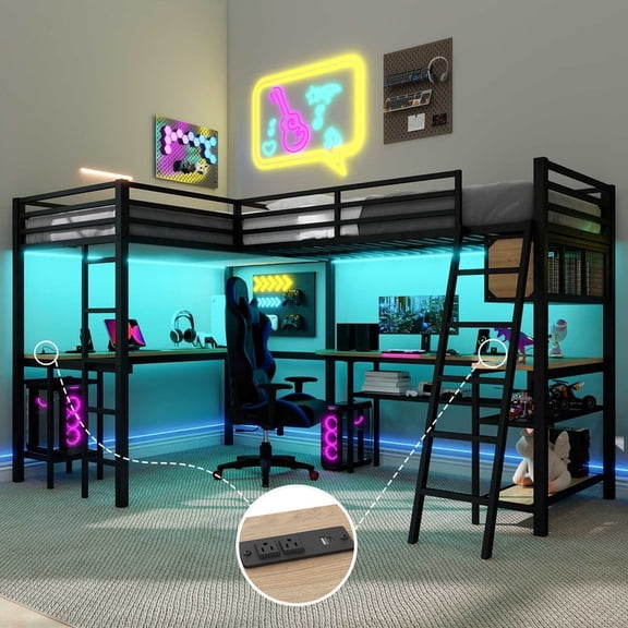 Mirightone Metal L-Shaped Loft Bed Twin 2 Beds with 2 Desks, Gaming Loft Bed with Storage Shelves and LED Light for 2 Adults Teens, Black Natural