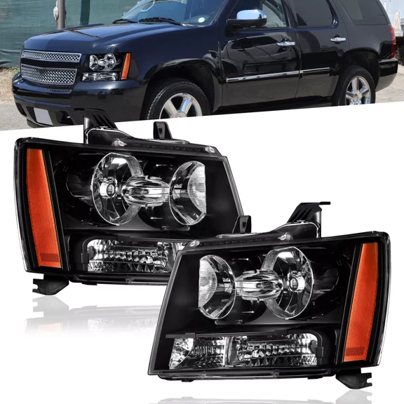 MOSTPLUS Headlights for 2007-2014 Chevy Tahoe Suburban with Black Housing Amber Corner