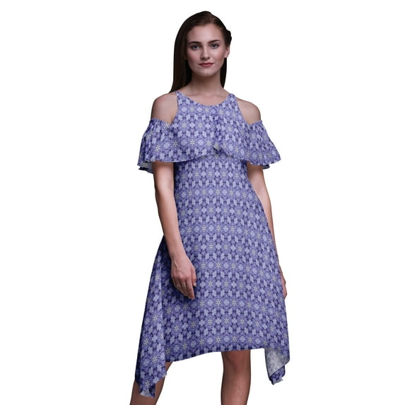 Bimba Tie-Dye Printed Women’s Ruffle Front Cold Shoulder Swing Shift Dress-XXX-Large