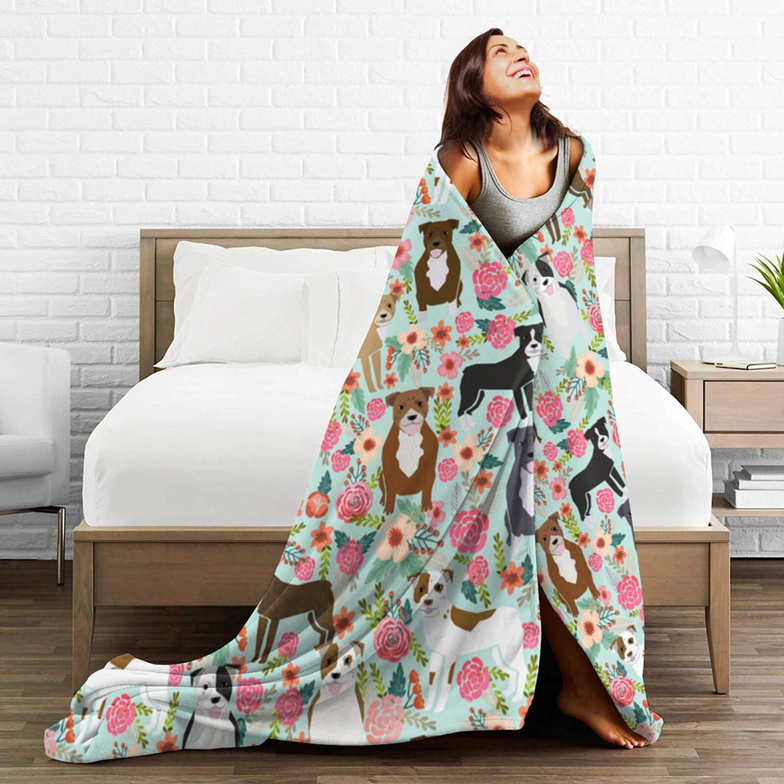 Wijzvio American Pit Bull Terrier Dogs Flower Floral Throw Blanket Soft Fuzzy Fleece Blanket For Couch Bed Living Room Decoration 60"X50"