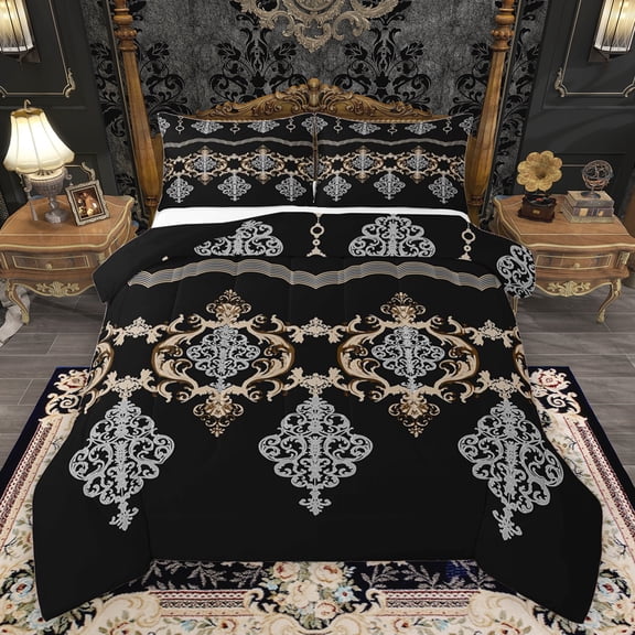 Feelyou Black Gold Damask Full Size Comforter Sets, Boho Rustic Farmhouse Bedding Comforter Set, Southwestern Theme Reversible Bedding Sets, Luxury Bedroom Decor, 3pcs