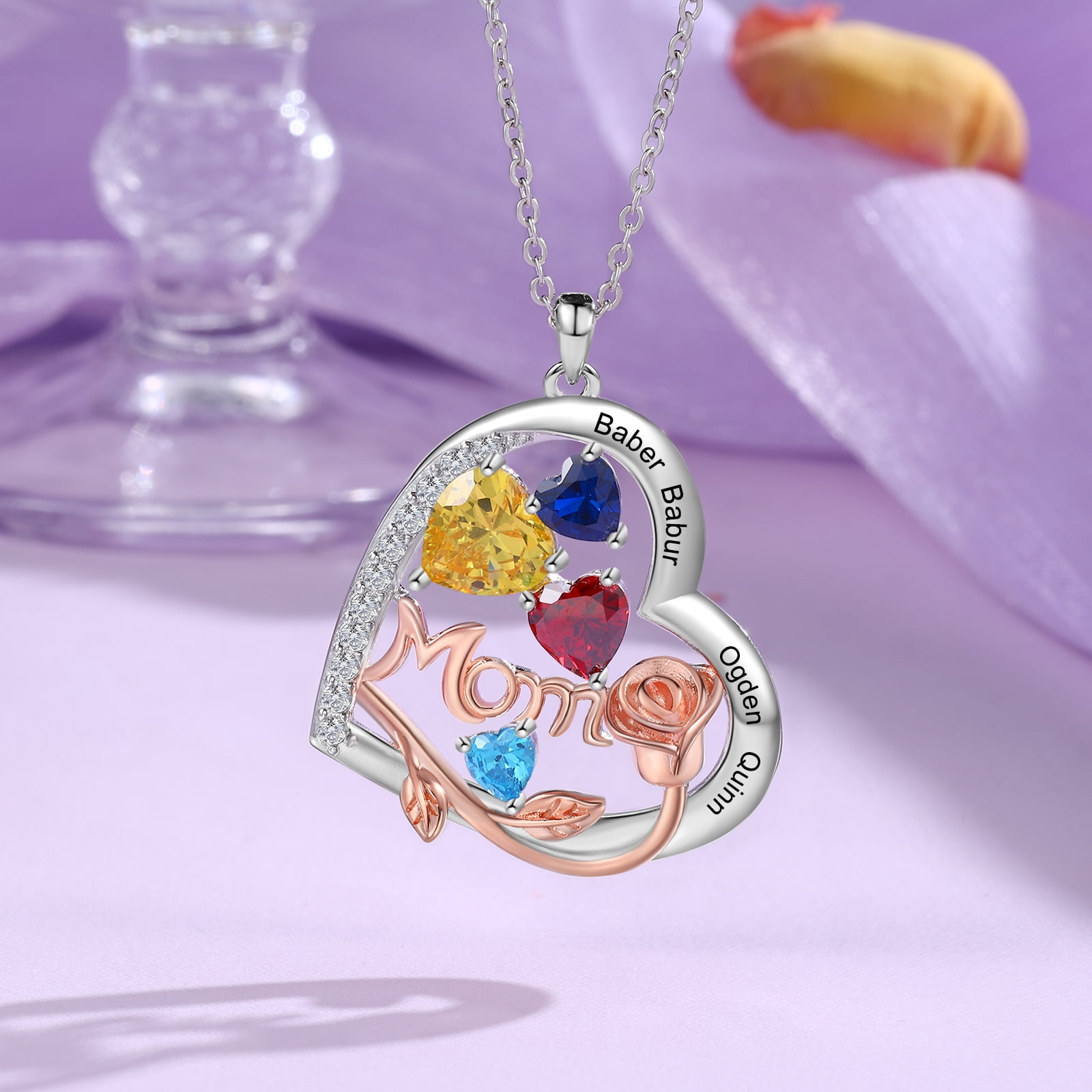 Mementos Customized Brass Heart Family Women's (Mother's) Necklace with 4 Birthstones and Names