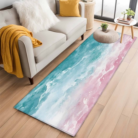 2'x6' Rug Runners for Hallways Kitchen, Turquoise Pink Coastal Non Slip Entryway Beside Floor Carpet Runner, Summer Beach Nautical Washable Laundry Room Bedroom Throw Rugs Mat for Family Pet