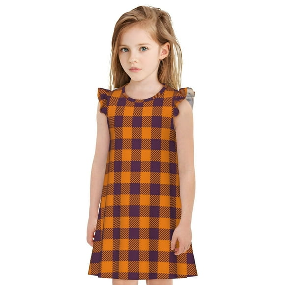 Fotbe Fall Buffalo Plaid Pattern Girls Nightgowns 3-10 Years Short Sleeves Nightdress Nightie Dress Sleepwear Pajamas for Little Girls Flying Sleeve Sleepwear-Large