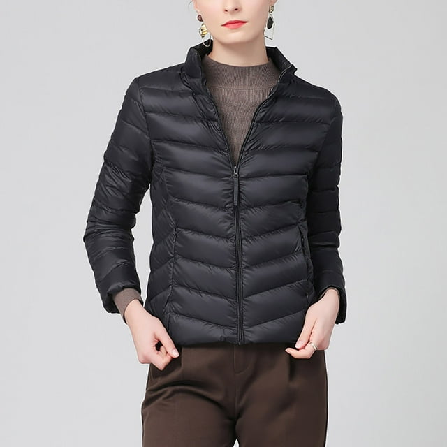 Parkas de manga larga para mujer, chaqueta de plumón con cuello alto y cremallera, ligera y versátil, con bolsillos, para invierno, de algodón.