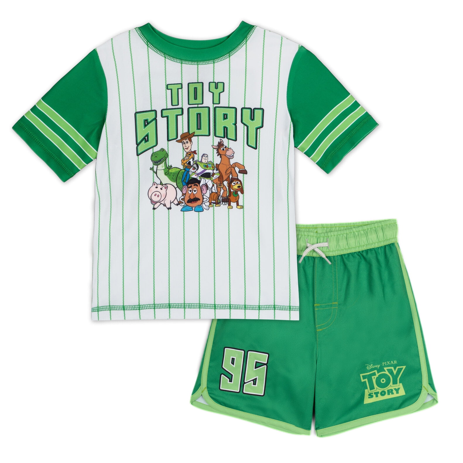 Disney Toy Story Little Boys' Swimwear 2-Piece Rash Guard and Swim Trunks Set Grey Green