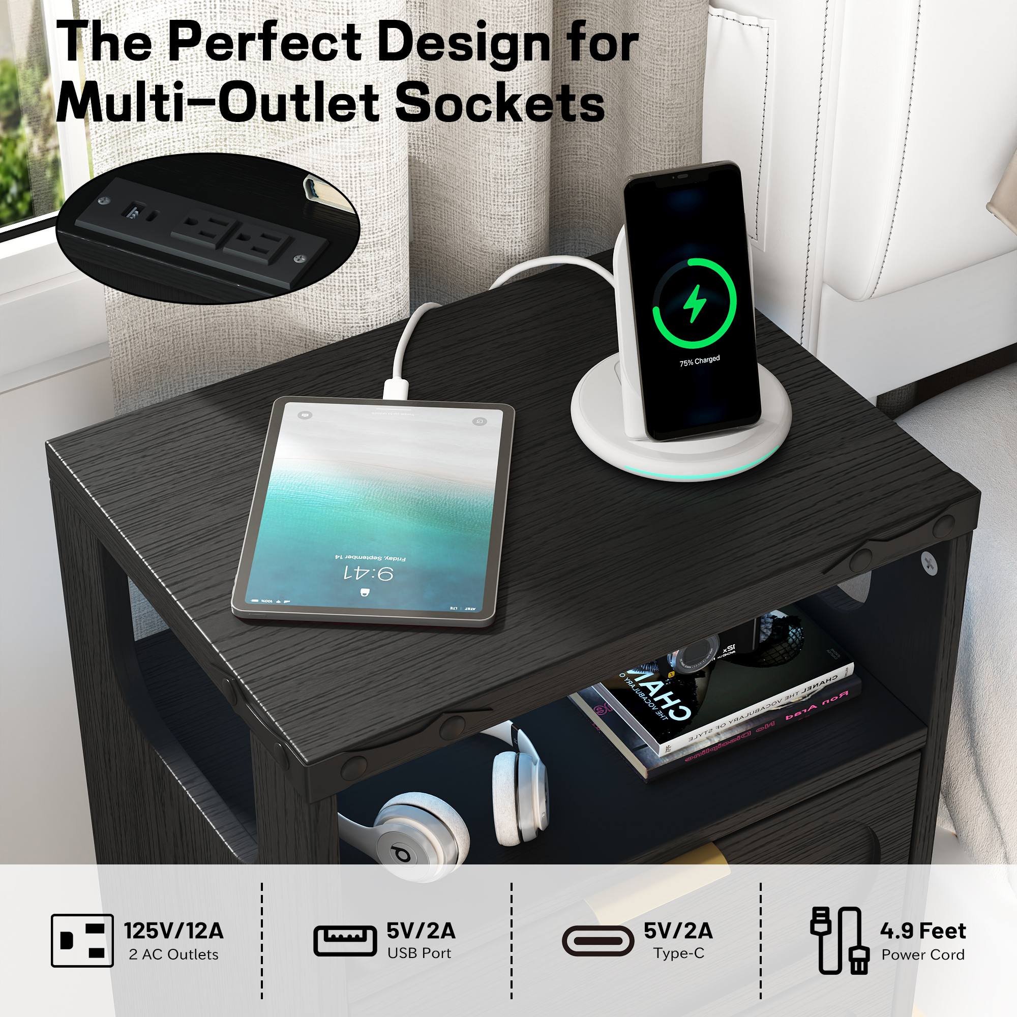 IDEALSOUL Nightstand with Charging Station, Smart Led Nightstand with 2 Drawer, Modern Bedside Table End Side Table Nightstands for Bedroom, Living Room, Black