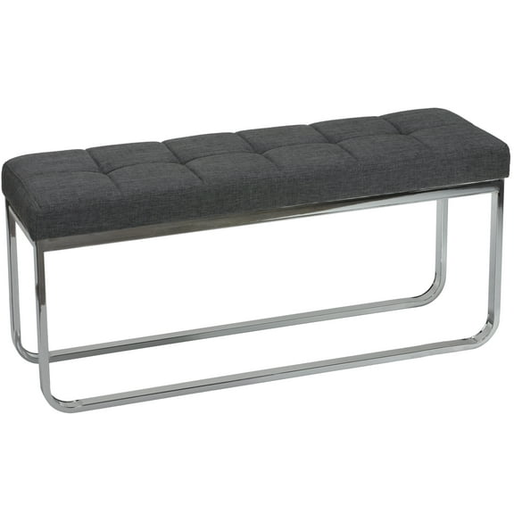 Cortesi Home Nola Contemporary Narrow Bench in Grey Linen Fabric with Rounded Polished Stainless Steel Legs