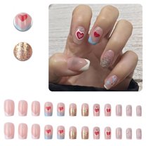 RAGUPEL 24Pcs Glue on Nails for Women,Heart Design Short Press on Nails for Women,Gold Sequins Fake Nails,Cute Press on Nails for Daily Life,Dating and Gatherings,Style2
