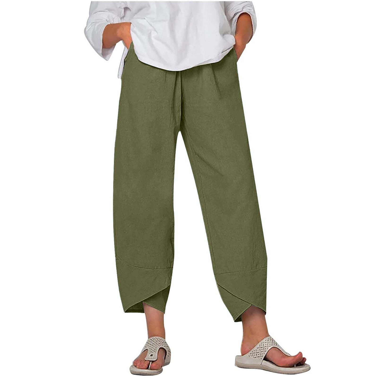 bozmiai Women's Relaxed Fit Capri Pant High Waisted Crop Pants Casual Wide  Leg Pants Cotton Linen Straight Slacks with Pocket Army Green at   Women's Clothing store