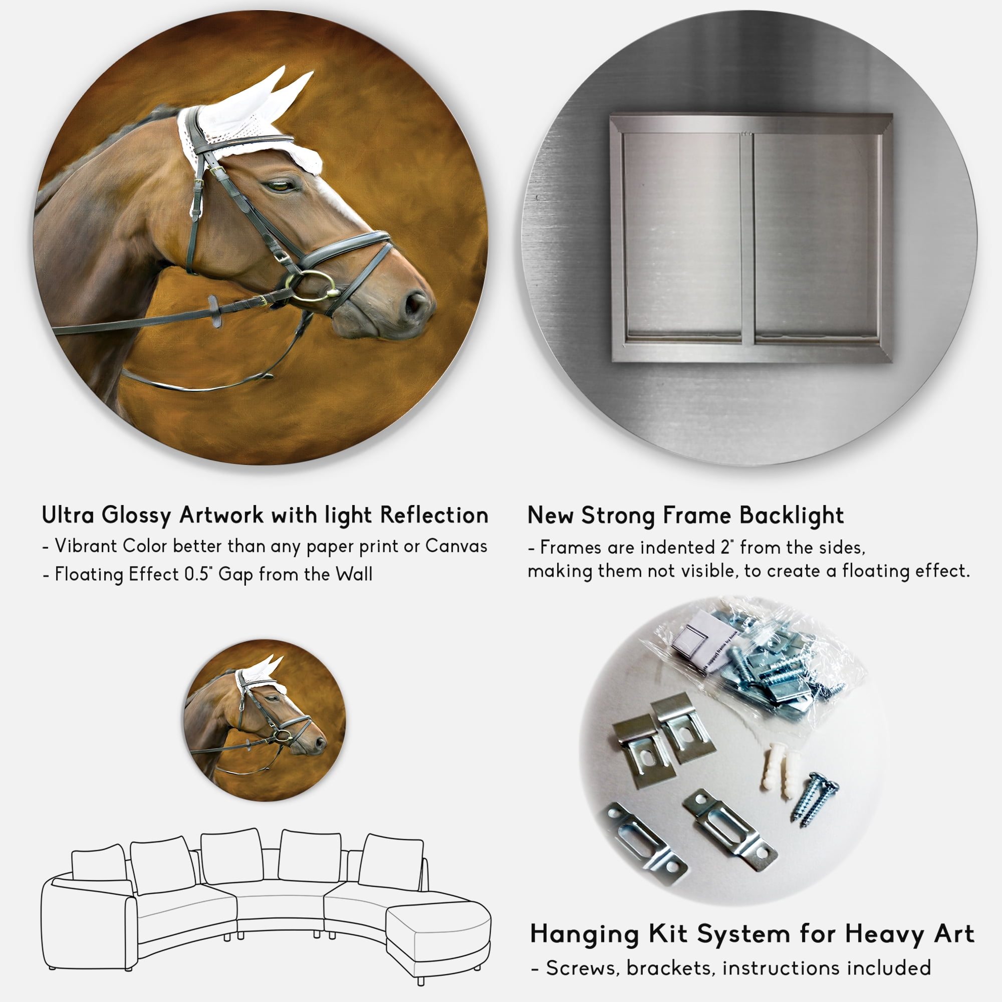 Designart 'Close Up Portrait Of Brown Horse With White Ears' Farmhouse Circle Metal Wall Art 23x23 - Disc of 23
