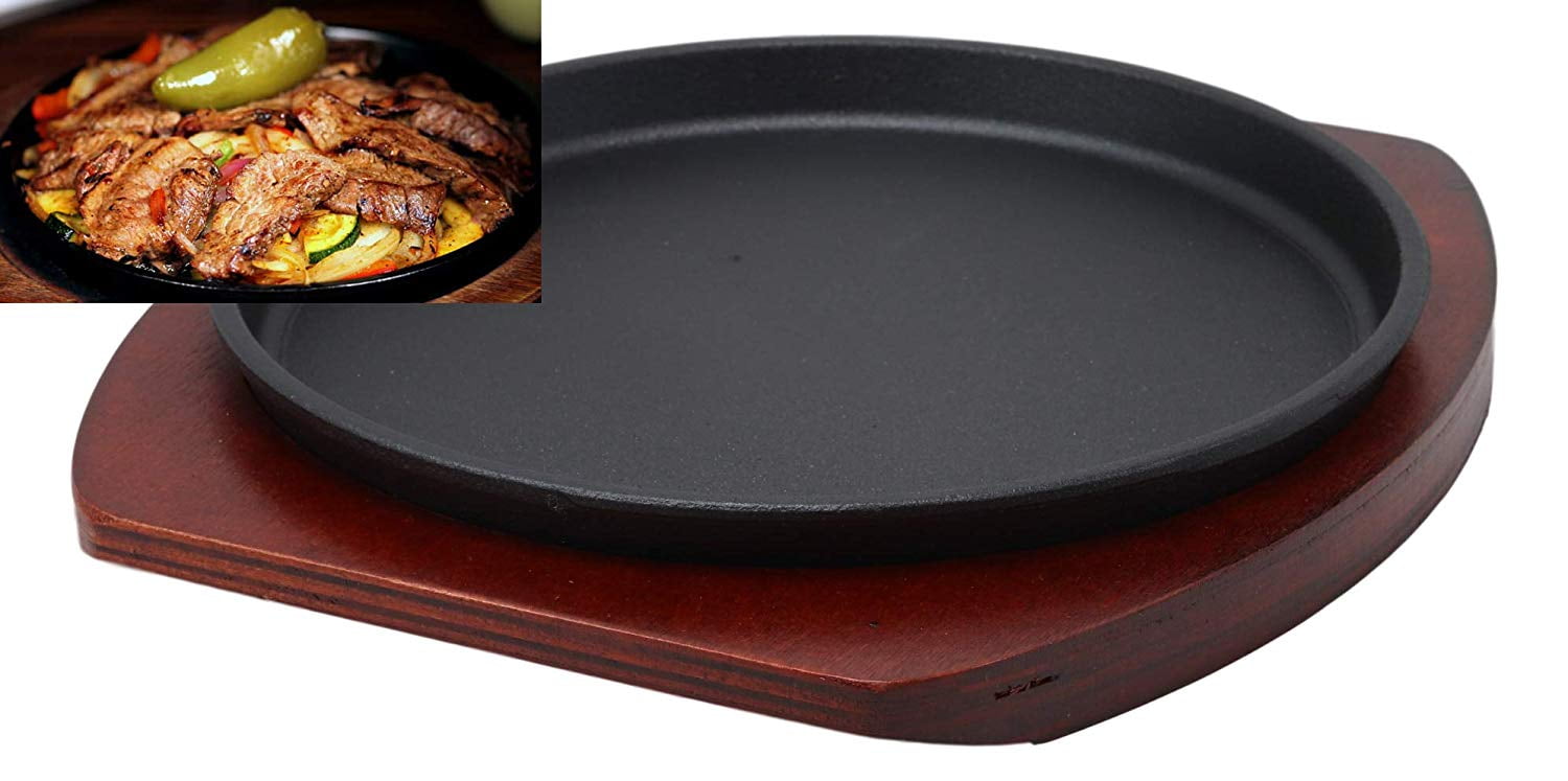 Lot45 RNAB09KY8ZW34 lot45 cast iron fajita sizzling pan- 10in hot dish  sizzling plate serving platter with wooden base plate, steak skillet