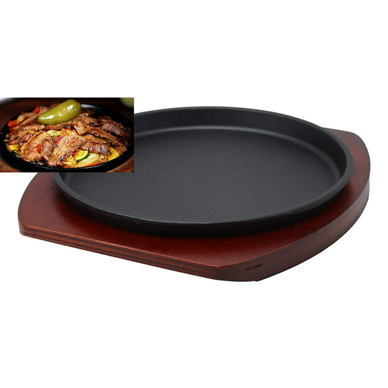 Artesa Small Frying Pan, Cast Iron, Non Stick, with Wooden Serving Board,  Grill Pan Sizzle Skillet with Stand, for Fajitas, BBQ, Omelette, Tapas and