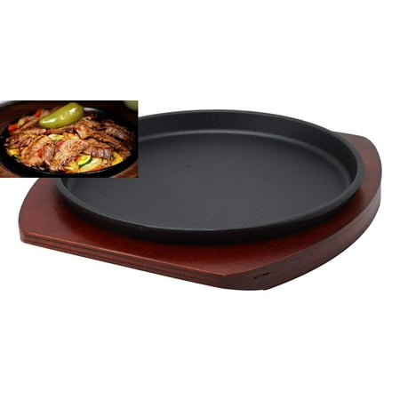 Ebros Personal Size Cast Iron Sizzling Fajita Pan Skillet Japanese Steak Plate With Wood Underliner Base Restaurant Home Kitchen Cooking Supply (Round