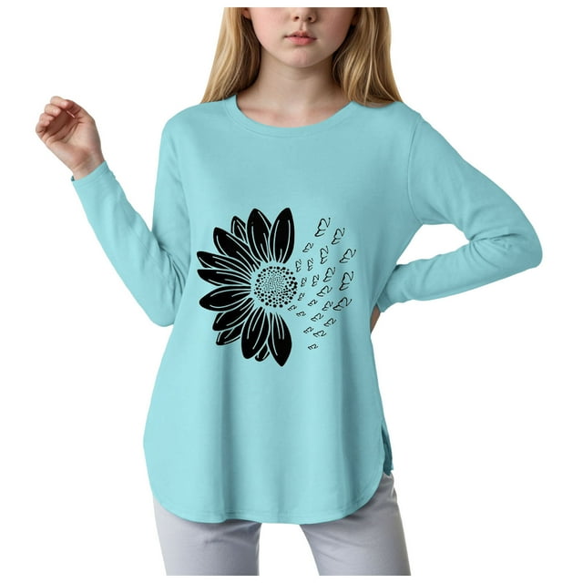 DXOUPM T-Shirt à Manches Longues pour Filles, Col Rond, Imprimé Floral, Hauts d'Automne, Vêtements Tendance pour Enfants