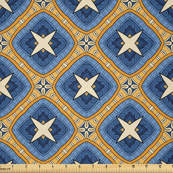 Ambesonne Ethnic Fabric by the Yard Microfiber, Vintage Tile Art, 5 Yards, Blue Orange Beige