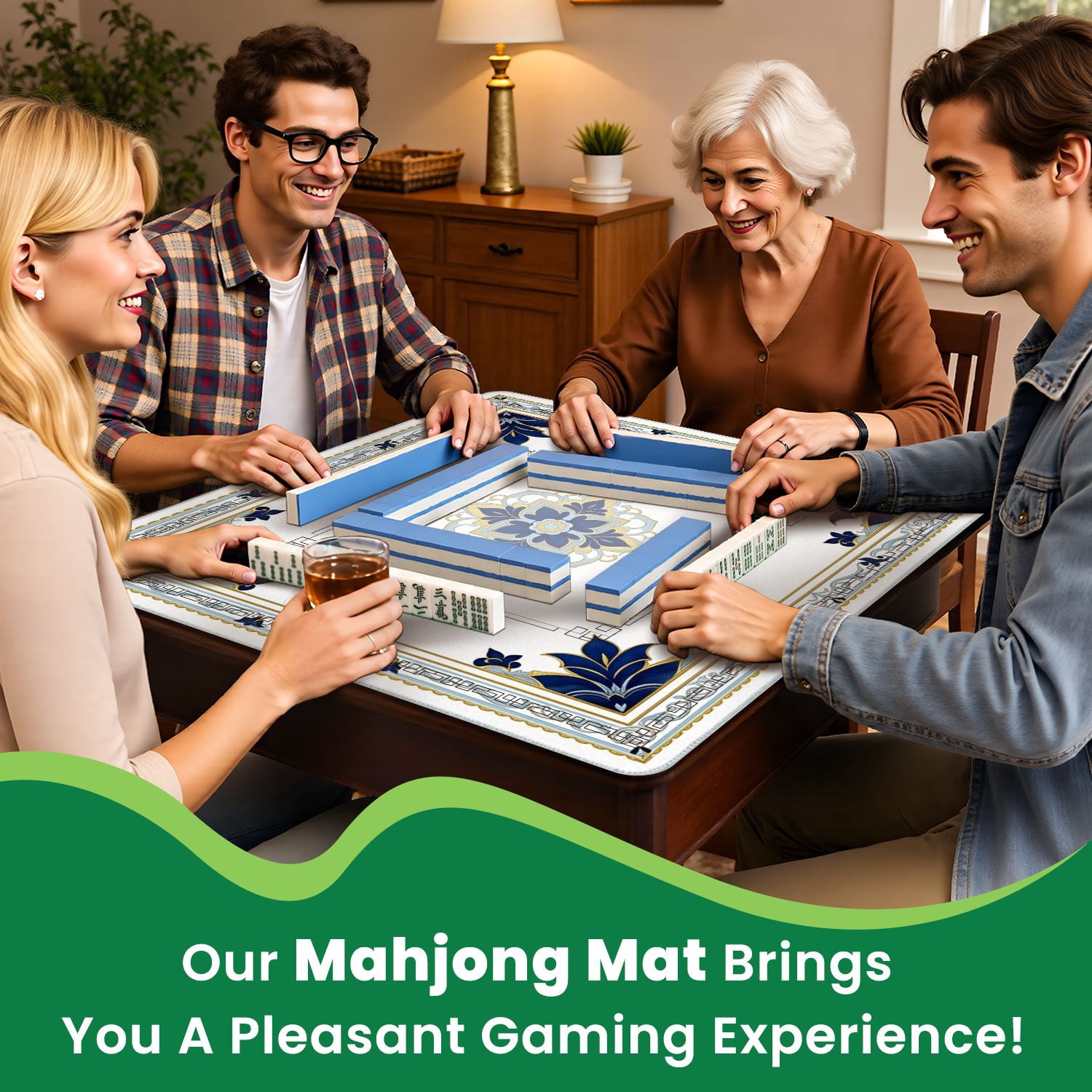 Mahjong Mat 31.5" x 31.5" Elegant Blue Gold Mandala Ornate Floral Details Non-Slip Noise Reduction American Mahjong Tiles Table Cover for Dominoes Poker Card Board Games Gift