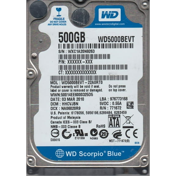 WD5000BEVT-22A0RT0, DCM HHCVJBN, Western Digital 500GB SATA 2.5 Hard Drive